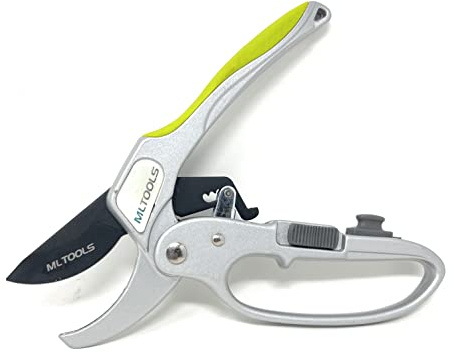 MLTOOLS Easy Cut Ratchet Pruning Shears - ML Garden Tools 8 inch Ratcheting Pruners P8231