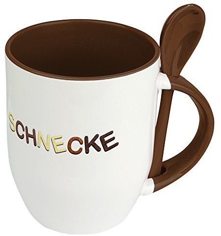 Löffeltasse mit Namen Schnecke - Motiv Schokoladenbuchstaben - Namenstasse, Kaffeebecher, Mug, Becher, Kaffeetasse - Farbe Braun