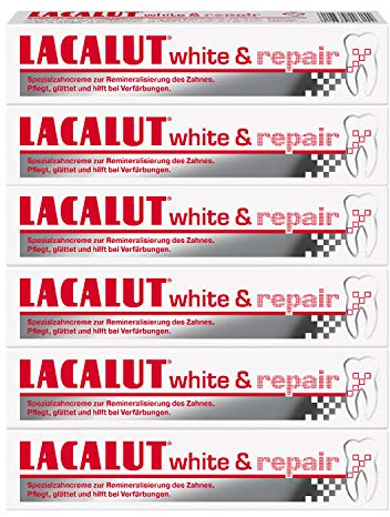 LACALUT WHITE & REPAIR ZAHNCREME, 75ml Zahnpasta zum Aufhellen der Zähne, Straffung und Festigung des Zahnfleischs, Zahncreme für weiße Zähne, 6 x 75 ml
