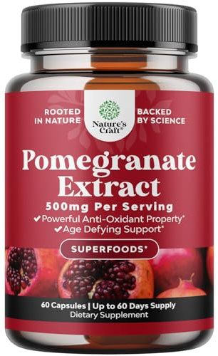 Pomegranate Extract Capsules Antioxidant Supplement - Natural Pomegranate Capsules for Heart Health Joint Support and Pre Workout for Men and Women - Nitric Oxide Supplement with Brain Health Vitamins