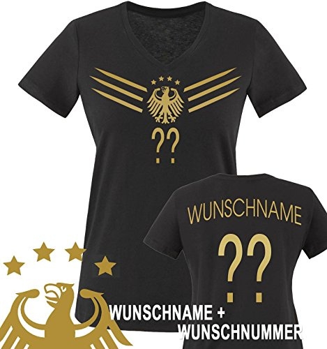 Comedy Shirts - WM 2014 - Deutschland - Deluxe F1-VH-Wunsch - Damen V-Neck T-Shirt - Schwarz/Gold Gr. XXL