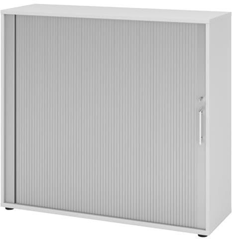 bümö Aktenschrank abschließbar mit Rollladen, Rollladenschrank für Ordner & Co. - Büroschrank mit Rollo, abschließbarer Ordnerschrank aus Holz in Grau/Silber mit Relinggriff