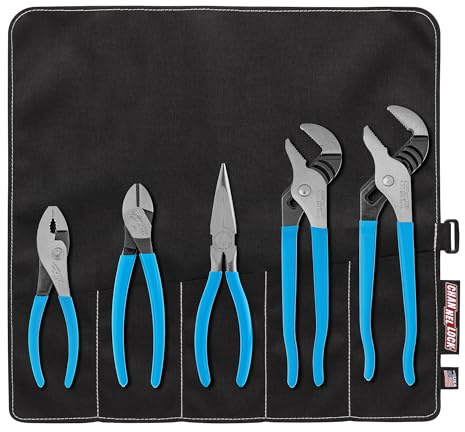 CHANNELLOCK TOOL ROLL-3 5pc Professional Pliers Set with Tool Roll, Made in USA, Includes Straight Jaw Tongue & Groove, Cutting, Long Nose, and Slip Joint Pliers, Forged High Carbon Steel