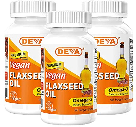 DEVA Organic Vegan Vitamins Flax Seed Oil - Rich in Omega-3, Cold-Pressed & Unrefined - 90 Capsules (Pack of 3)