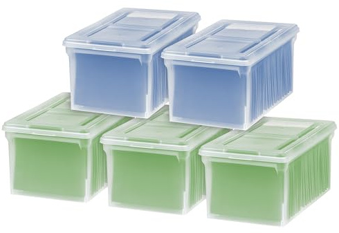 IRIS USA File Box, File Organizer w/Hinged Split Lid for Letter File, Important Document Box, Plastic Storage Filing Bin for Moving, Stackable Nestable Portable, Clear 44 Qt. 5 Pack