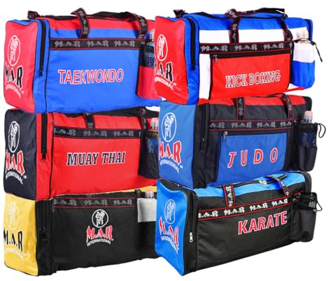 MAR | Sports Duffle Gym Bag (All in One) Unique Bottle Holder, Taekwondo Style Multi-Compartment Holdall, Fitness Kitbag for Martial Arts, ITF, Unisex Equipment Carry Bag - Red & Blue Kit Bag