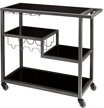 SEI Furniture Zephs Metal and Tempered Glass Locking Castor Wheels Bar Cart, Gunmetal, Black