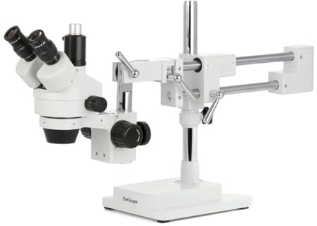 AmScope SM-4TPZ Professional Trinocular Stereo Zoom Microscope with Simultaneous Focus Control, WH10X Eyepieces, 0.7X 4.5X Zoom Lens, Ambient Lighting, Double Arm Boom Stand