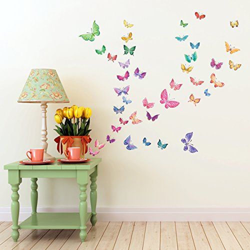 Decowall DW-1602 Aquarell Schmetterlinge Tiere Wandtattoo Wandsticker Wandaufkleber Wanddeko für Wohnzimmer Schlafzimmer Kinderzimmer