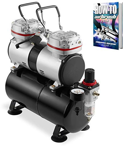 PointZero 1/3 HP Double Piston Airbrush Compressor with Air Tank, Regulator, Gauge and Water Trap - Quiet Professional Pump Black