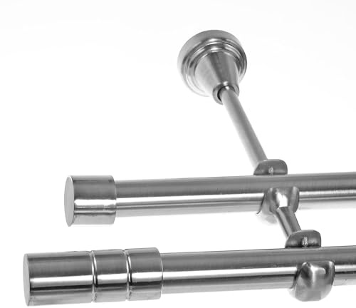 BASIT Gardinenstange Edelstahllook 19mm 2-läufig Wand 320cm lang H28 | Gardinenstangenset doppelläufig Wandmontage Metall Vorhangstange Wandhalterung 120-600cm wählbar Kappe Zylinder E64