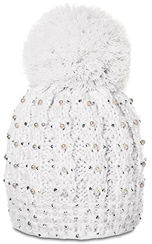Caspar MU106 Damen Winter Mütze Bommelmütze mit Perlen und Glitzer Strass, Farbe:weiss, Größe:One Size