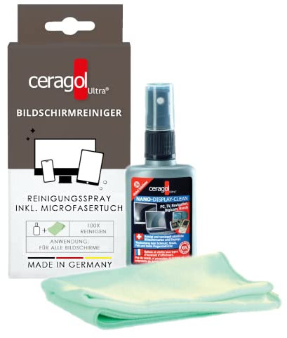 ceragol ultra Display Cleaning Set - Bildschirm-Reiniger - Screen-Cleaner mit Lotuseffekt, reinigt und schützt - TV, Laptop, PC, Navigation, Tablet, 50ml Spray + Tuch