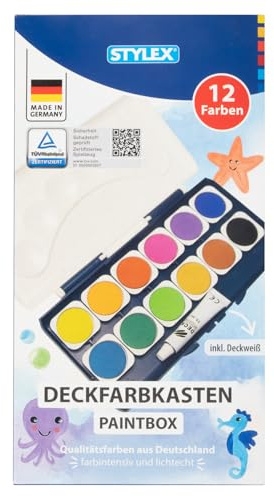 Stylex 28178 - Boîte de Peinture à l'eau Comprenant 12 Couleurs et Un Tube de Blanc Opaque, boîte de Peinture à l'eau avec Couvercle Amovible et 6 Plateaux de mélange