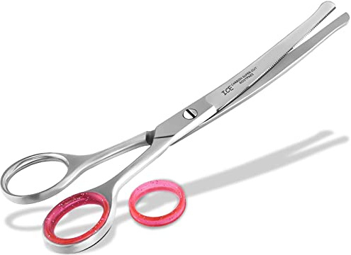 Fell-Schere Hunde Haarschere gebogen und abgerundet 16,51 cm | Fellschere mit einseitiger Mikroverzahnung Groomig-Carbon Cut Edelstahl-Rostfrei Hundeschere mit runden Scherenspitzen