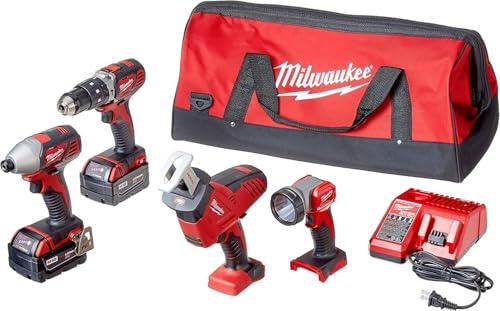Milwaukee 2695-24 M18 Kit d'outils électriques sans fil 18 V avec marteau, visseuse à percussion, scie alternative et lampe de travail (2 batteries, chargeur et étui à outils inclus)