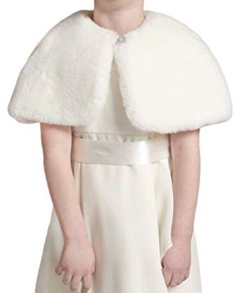 Flora Faux Fur Flower Girl Shrug/Child Bridesmaid Cover up with Diamante Brooch (Large, IVORY)