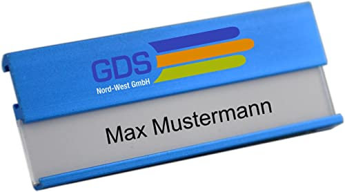 Aluminium Namensschilder blau, aus Metall, Größe 70x25 mm, mit Magnet und Nadel/Clipkombination, individuellem Logodruck, Farbdruck mit Ihrem Logo, Magnetbefestigung, Name Badge, Namensschild für Kleidung, selbstbeschriftbar, mit Ihrem Logo, Namensschildchen mit Magnet blau Leichtmetall eloxiert (25)