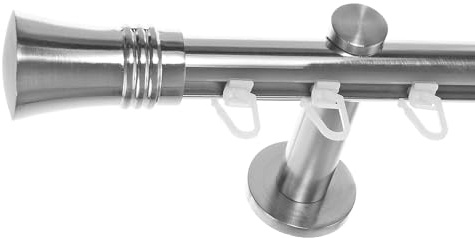 BASIT Gardinenstange Innenlauf Edelstahllook 20mm 1-läufig Wand 140cm H30 | Gardinenstangenset einläufig Wandmontage Metall Vorhangstange Wandhalterung 120-600cm wählbar Kappe Knauf E86