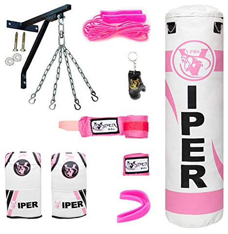 VIPER 4ft Heavy Filled Boxing Punch Bag Set, Bracket, Chain, Mitts, Gloves Girls Ladies Pink