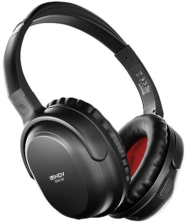 LINDY BNX-60 Wireless Active Noise Cancelling (ANC) Headphones, aptX - comfort, lightweight – built-in mic for hands-free calls – Matt Black