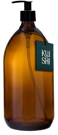 Kuishi 1000ml Glass Soap Dispenser with Black Plastic Pump - Pack of 1 Refillable BPA-Free Hand Soap Dispenser for Kitchen & Bathroom, Amber