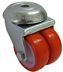 orangefarbende Schwerlast PU Doppelrolle ø 50mm, niedrige Bauhöhe von 72mm, hohe Tragkraft von140Kg, spurfrei, Rückenlochbefestigung 10mm