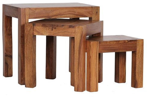 Wohnling Beistelltische 3er Set 45x35x50 cm Sheesham Massivholz | 3 Satztische ineinander schiebbar, Wohnzimmertische im Landhausstil, handgefertigtes Unikat, Couchtisch Set Dunkelbraun