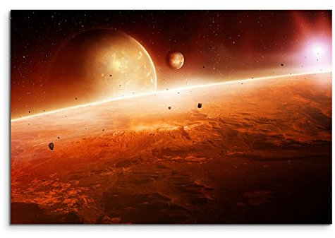 120x80cm Leinwandbild auf Keilrahmen Planeten Sonnenaufgang Weltall Wandbild auf Leinwand als Panorama