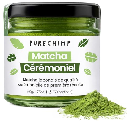 PureChimp Ceremonial Grade Matcha Powder 50g. 100% Pure Green Tea. Shade-Grown for MatchaLatte, Teas & Recipes. Recyclable Glass Jar. Antioxidant-Rich.