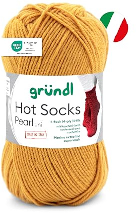 Gründl Hot Socks Pearl - Gomitolo di lana per calze, 4 pezzi, morbido e delicato sulla pelle, 75% lana vergine, 20% poliammide, 5% cashmere, 1 gomitolo da 50 g/200 m, spessore ferri 2,5-3, ocra