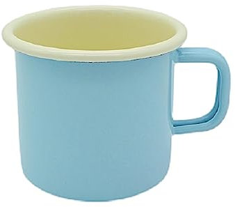 linoows Emaille Tasse, Henkelbecher, Henkeltopf, Kaffeetasse Hellblau Creme 8 cm