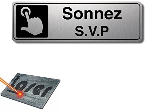 Plaque gravée autocollante 13x4cm Sonnez SVP Fond Alu brossé