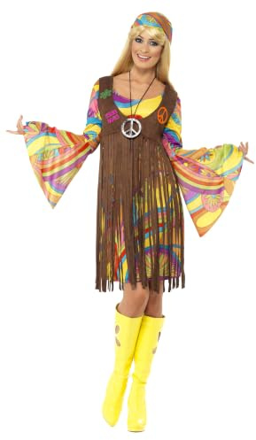 Smiffys 60s Groovy Lady, Brown with Dress, Printed Waistcoat and Headband, 1960's Groovy Fancy Dress, Adult Dress Up Costumes