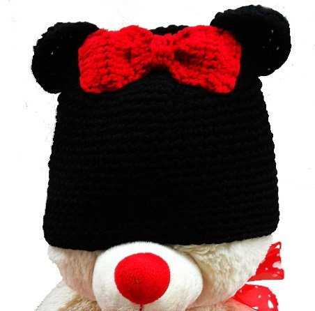 LadyMYP©Handgemachte Strickmütze, Babymütze, Kindermütze, Hüte, 100% Wolle, Mütze Maus mit roter Schleife