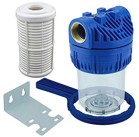 FILTROTECH Wasserfilter 5 Zoll Vorfilter, 3/4 Zoll Innengewinde | Siebfiltereinsatz 100 Mikron waschbar, Messinggewinde, transparente Tasse, max. 10 bar, Wandhalter und Schlüssel