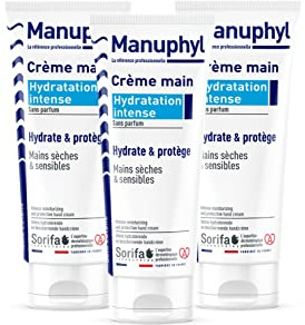 SORIFA - Lot de 3 Manuphyl Crème mains Hydratation Intense - Hydratante et protectrice - Mains sèches et sensibles - Non grasse, sans parfum, enrichie en allantoine et protéines de blé - Tube 100 ml