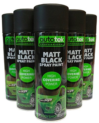Autotek Matt Black (Pack of 5) 500ml Acrylic Formula Spray Paint For Plastic Metal Wood