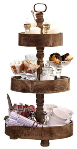 Loberon Etagere Beauvais, 3-stöckig, gedrechselter Mittelfuß, mit Tragegriff, antiker Stil, Dekoration, Tischdeko, Wohn-Accessoire, Tannenholz, Stahl, braun