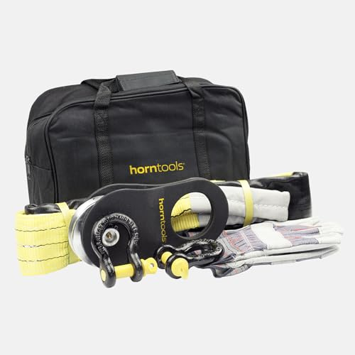 horntools Windezubehör Kit Recovery Kit für Seilwinde, Offroad, Bergung, Abschleppen mit Umlenkrolle, Schäkel, Handschuhe und Bergegurt