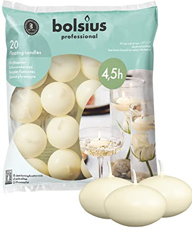 Bolsius Schwimmkerzen - Dekorative Haushaltkerzen - 20 Stück - Durchmesser 45 mm - Länge Brenndauer 4,5 stunden- Praffinwachs - Elfenbein - Ohne Palmöl