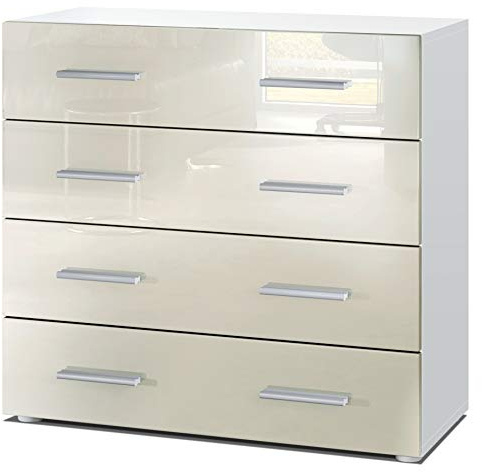 Vladon Sideboard Pavos, Kommode mit 4 Schubladen, Weiß matt/Creme Hochglanz (76 x 72 x 35 cm)