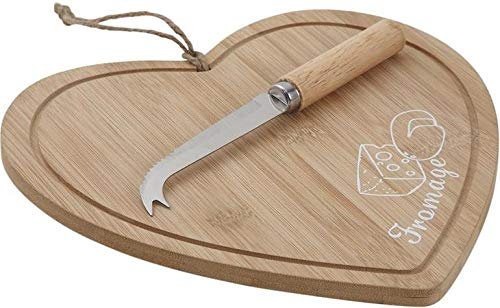 AUBRY GASPARD - Plateau à Fromage en Bambou Forme Coeur + Couteau Inclus - Dimensions 26 x 25 x H 1 cm - Couteau à Fromage 19 cm - Accessoire Élégant pour Service de Table