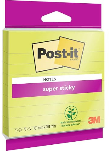 Post-it Super Sticky Large Notes, Lined, 70 Sheets, 1 Pad, 101 mm x 101 mm - Holds Strong to Many Surfaces - for Walls, Monitors and Fridge, Recycable