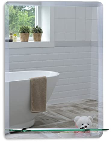 Neue Design Mood® Premium Rectangular Bathroom Mirror with Shelf, Wall Mounted Bevelled Frameless Mirrors, Toilet Bedroom Hallway, (50cm x 40cm)