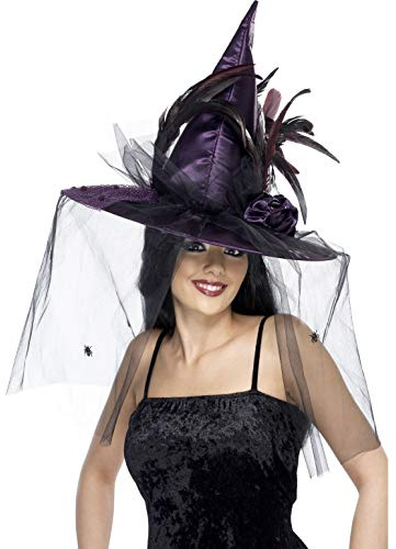 Smiffys Hut Hexe, Purpur, mit Federn und Netz, Deluxe Halloween