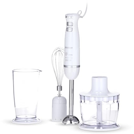 SEVERIN Ensemble mixeur plongeant 600 W, Mixeur multifonction avec anneau de suspension et de nombreux accessoires, Mixeur-plongeur, batteur, mélangeur et hachoir, blanc, SM 3798