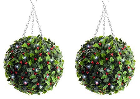 Best Artificial (Set of 2) Pre Lit 28cm Christmas Holly Topiary Balls Battery Operated Lights with Timer Outdoor