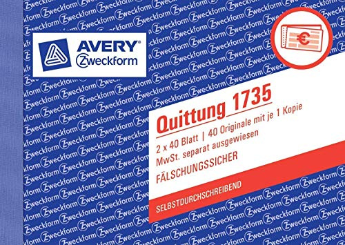 10er Sparpack Avery Zweckform 1735 Quittung MwSt. separat ausgewiesen, DIN A6 quer, fälschungssicher, 2 x 40 Blatt, weiß, gelb (10)