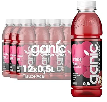 ganic Vitaminwasser Traube Acai - 12x0,5l PET-Flaschen, vegan | Erfrischendes Wasser mit Traube-Acai Geschmack und Koffein, zugesetzte Vitamine, kalorienarm und vegan, belebende Note